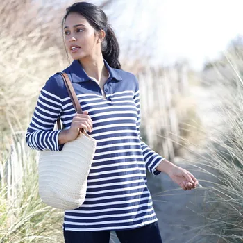 Dámské tričko Pruhované žerzejové polo tričko s dlouhými rukávy nám.modrá/bílá 46/48