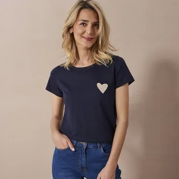 Dámské tričko Jednobarevné tričko s krátkými rukávy a nášivkou srdíčka nám. modrá 34/36