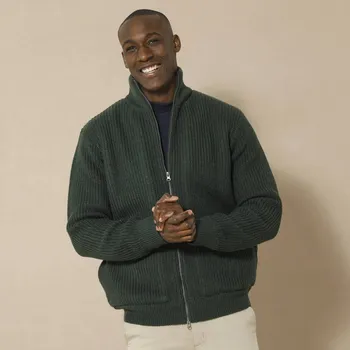 Pánský svetr Svetr na zip s hřejivou podšívkou, hladký úplet s 30 % vlny jedlová 87/96 (M)