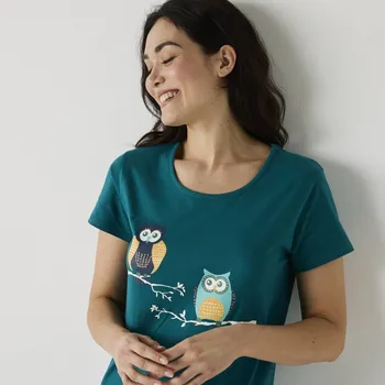 Dámská móda Dlouhá noční košile s krátkými rukávy a potiskem soviček jedlová 52