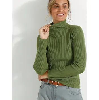 Dámský svetr Žebrovaný rolák olivová 52