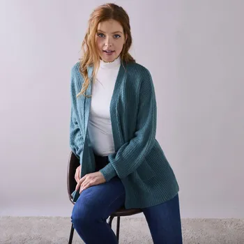 Dámský svetr Dlouhý kardigan bez zapínání, hladký pletený vzor šalvějová 50