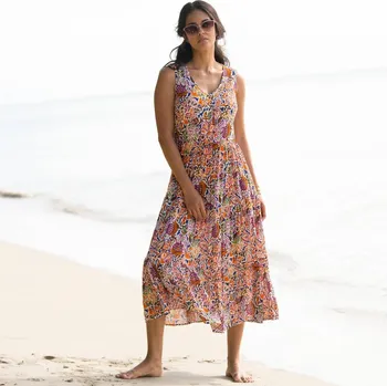 Dámské oblečení Dlouhé volánové šaty s potiskem oranžová/růžová 56