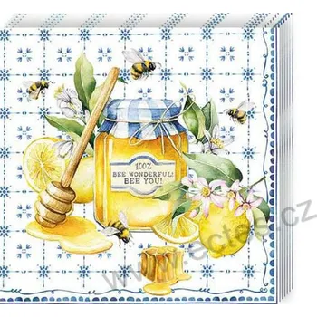 Papírový ubrousek Ambiente BEE WONDERFUL papírové dezertní ubrousky včely a sklenice medu s paličkou 20 ks