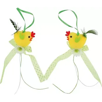 Velikonoční dekorace Anděl Kuřátka na zavěšení se zelenou mašlí 16 cm 2 ks