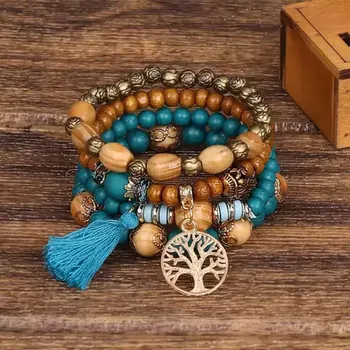 Náramek MiTe Náramek dámský korálkový Strom života tyrkysový 4 kusy