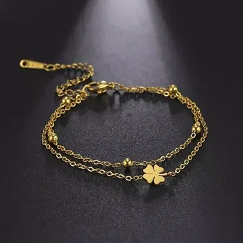 Náramek Fashion Jewelry Dvojitý náramek čtyřlístek pro štěstí zlatý OJ472