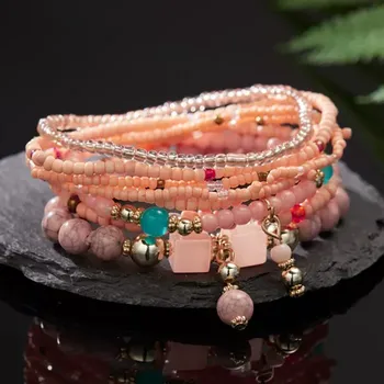Náramek Harmoon Jewelry Set Boho korálkových náramků 8 ks lososová