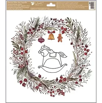 Okenní dekorace Anděl Okenní fólie s glitry vánoční věnec s koníkem 30x33,5cm