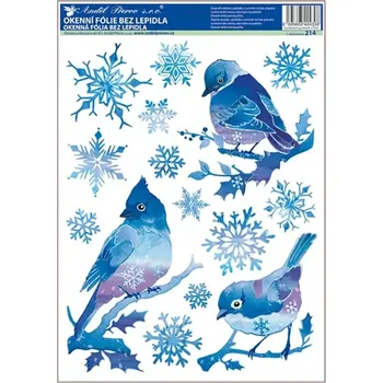 Okenní dekorace Anděl Okenní fólie modrá s glitry ptáčci 37 x 29 cm