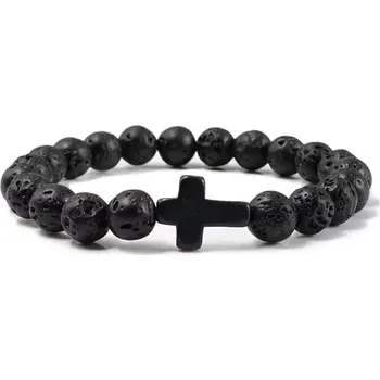 Náramek Fally Jewelry Elastický náramek s křížkem a lávovými kameny