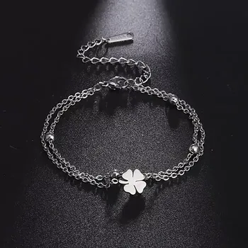 Náramek Fashion Jewelry Dvojitý náramek čtyřlístek pro štěstí stříbrný OJ471