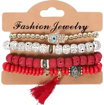 Náramek Fashion Jewelry Dámský náramek 4 v 1 červený mix OJ116