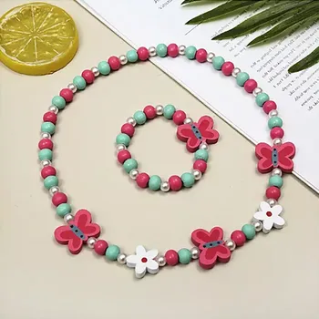 Souprava šperků Lilley Korálky Dětský náhrdelník a náramek dřevo Motýlci a květy