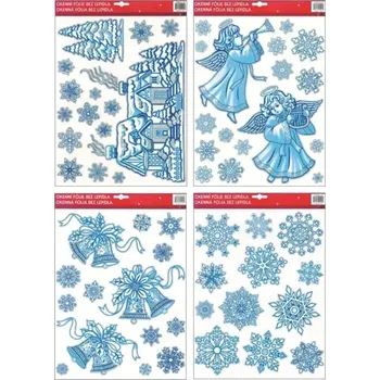 Okenní dekorace Anděl Okenní fólie ledová andílci, chaloupka, zvonky, vločky 38x30 cm