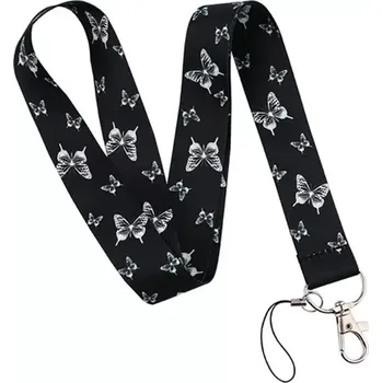 Šňůrka na krk s karabinkou motýli černobílá