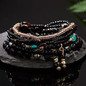 Náramek Harmoon Jewelry Set Boho korálkových náramků 8 ks černá