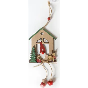 Vánoční dekorace Domeček s rolničkami a sobem, dřevo, závěs, 20 cm