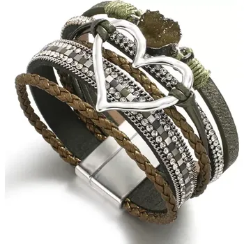 Náramek Fashion Jewelry Dámský náramek kožený vícevrstvý Srdce zelený