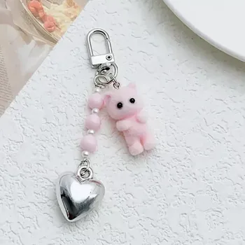 Fally Sametový přívěsek na klíče Kočička růžová s korálky a srdíčkem