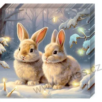 Papírový ubrousek Ambiente WELCOME WINTER papírové dezertní ubrousky světle hnědí králíčci na sněhu v zasněženém lese 20 ks