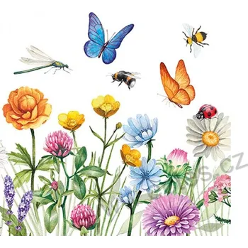 Papírový ubrousek Ambiente BUTTERFLY MEADOW papírový dekorační ubrousek na découpage rozkvetlé luční květiny, poletující motýlci a včelky