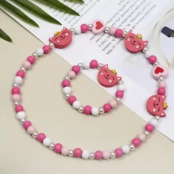 Souprava šperků Lilley Korálky Dětský náhrdelník a náramek dřevo Kočičky