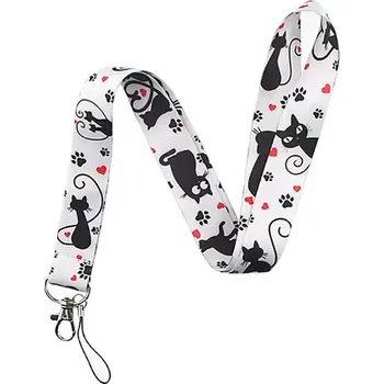 Unique Šňůrka na krk s karabinkou kočka se srdíčky