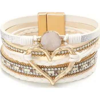 Náramek Fashion Jewelry Dámský náramek kožený vícevrstvý Srdce s kamenem bílý