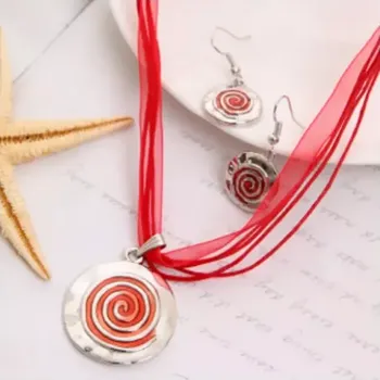 Souprava šperků Fashion Jewelry Sada bižuterie smalt se stužkou červená spirála