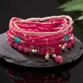 Náramek Harmoon Jewelry Set Boho korálkových náramků 8 ks malinová