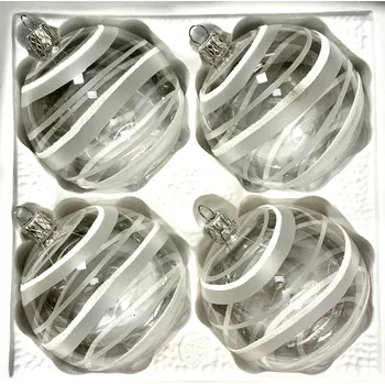 Vánoční ozdoba IRISA Sada 4 skleněných koulí 8 cm – Čirá elegance s matnými spirálami Velikost: 8 cm, Balení: 4ks, Barva: čirá