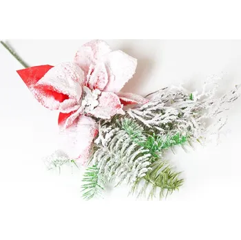 Vánoční dekorace Vánoční růže, zasněžená, s chvojím, 41 cm