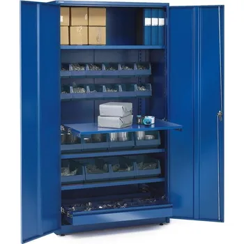 Dílenská skříň SUPPLY, zámek na klíč, 1 výsuvná police, 1 zásuvka, 20 boxů, 1900x1020x500 mm, modrá