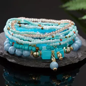 Náramek Harmoon Jewelry Set Boho korálkových náramků 8 ks tyrkysová