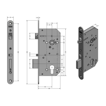 Dveřní kování Erbi Zadlabací zámek se samozamykáním a panikovou funkcí Rozteč a orientace: 90/50, pravý/levý