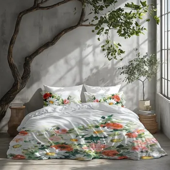 Povlečení Povlečení z bavlněného saténu - kopretiny a růže na bílém podkladu 2 části: 1 ks 140x200 + 1 ks 70x80