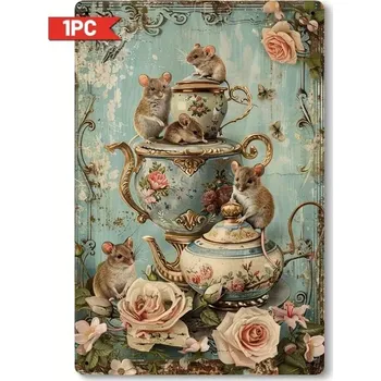 Plechová cedule BAF Plechová vintage cedule Myšky a čajové konvice 30 x 20 cm