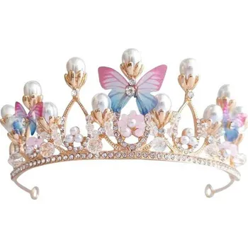 Nejedlá dekorace kovová Koruna zlatá s perlami a motýlky