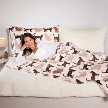 deka decoDoma Prošívaná beránková souprava KOČKY 2 ks 140 x 200, 70 x 90 cm hnědá
