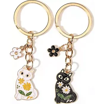 QINOOO Přívěsek na klíče Kočička černá s květinou