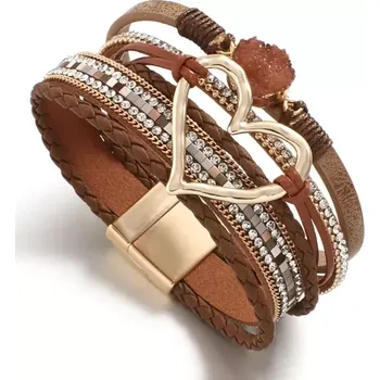 Náramek Fashion Jewelry Dámský náramek kožený vícevrstvý Srdce s kamenem hnědý