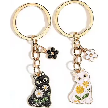 QINOOO Přívěsek na klíče Kočička bílá s květinou