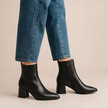 Dámské sandále Dámské černé kožené kotníčkové boty na podpatku Letizia Velikost: 38