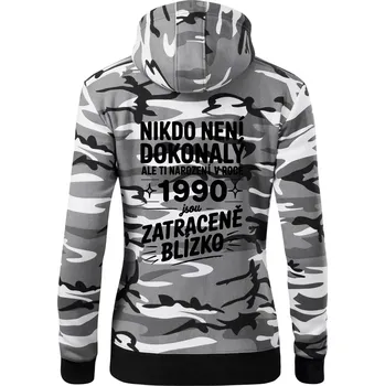 Dámská mikina Nikdo není dokonalý ale ti narození v roce 1990 jsou zatraceně blízko - Dámská mikina trendy zipper s kapucí - S ( Šedý maskáč )