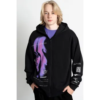 Chlapecká mikina Reporter Young | Chlapecká černá mikina s kapucí a potiskem „TECHNOLOGY“ na zip - Barva ČERNÁ, Velikost 146 243-0555B-04-100-1