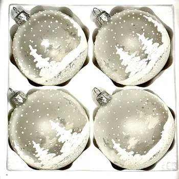 Vánoční ozdoba Irisa Skleněné vánoční koule 8 cm „Zimní pohádka“ – Matná bílá se zasněženou krajinou ( sada 4 ks ) Velikost: 8 cm, Balení: 4ks, Barva: bílá