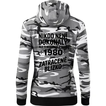 Dámská mikina Nikdo není dokonalý ale ti narození v roce 1980 jsou zatraceně blízko - Dámská mikina trendy zipper s kapucí - XL ( Šedý maskáč )