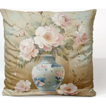 Sametový povlak na polštář 45x45 pastelová váza s pivoňkami