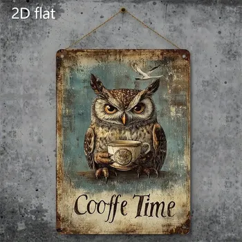 Plechová cedule BAF Plechová vintage cedule Sova s kávou 30 x 20 cm